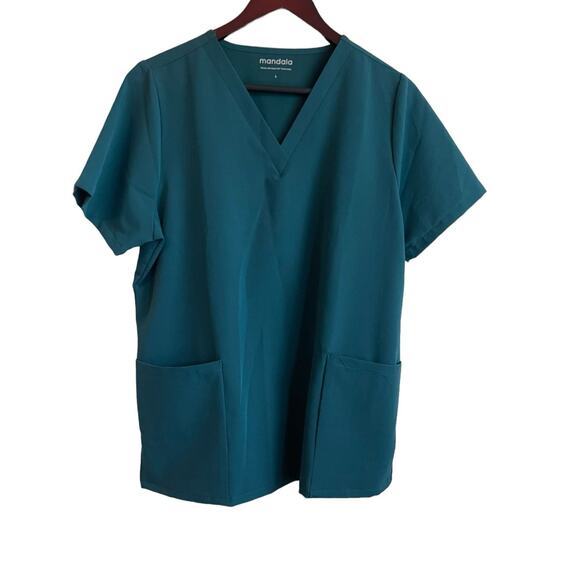 Mandala Women Scrub Top L‎ Dark Green Casual Soft Medical Uniform Nurse Workwear - Picture 1 of 9